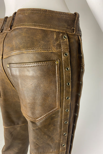 Thick Brown Distressed Leather Trousers with Eyelet detail